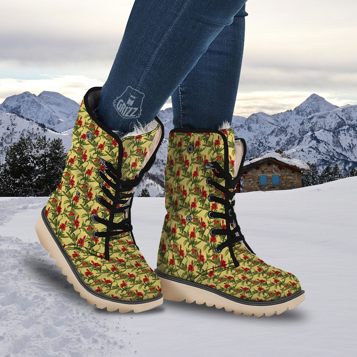 Amaryllis Red Yellow Print Pattern Snow Boots-grizzshop
