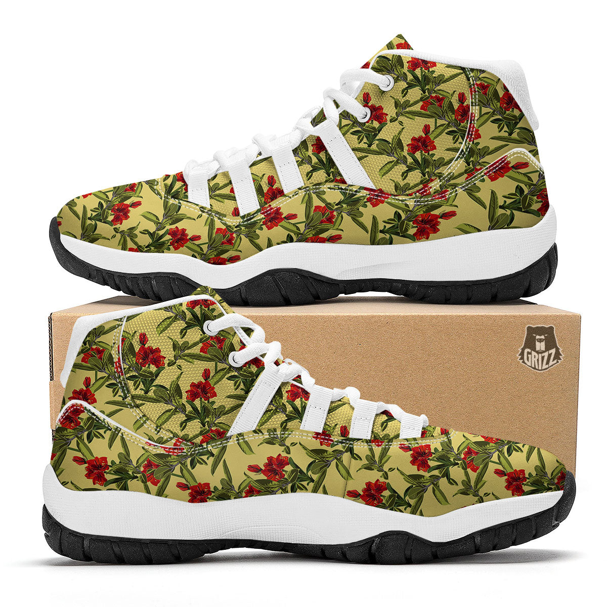 Amaryllis Red Yellow Print Pattern White Bball Shoes-grizzshop