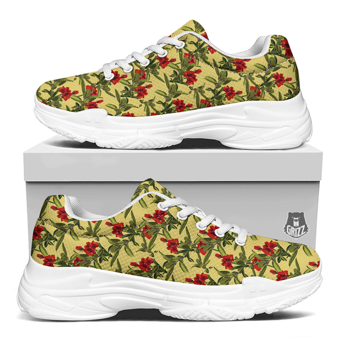 Amaryllis Red Yellow Print Pattern White Chunky Shoes-grizzshop