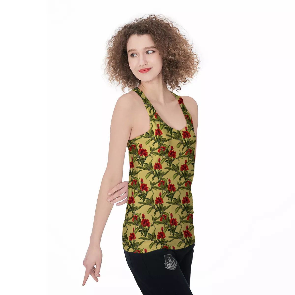 Amaryllis Red Yellow Print Pattern Women's Racerback Tank Top-grizzshop