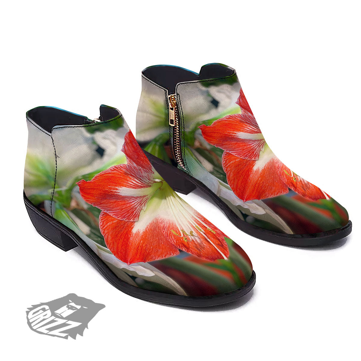 Amaryllis White And Red Print Ankle Boots-grizzshop