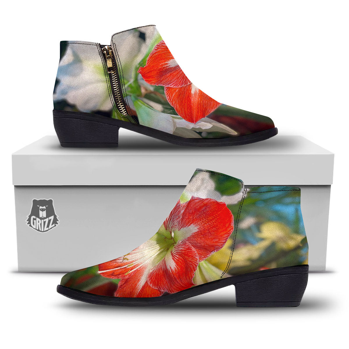 Amaryllis White And Red Print Ankle Boots-grizzshop
