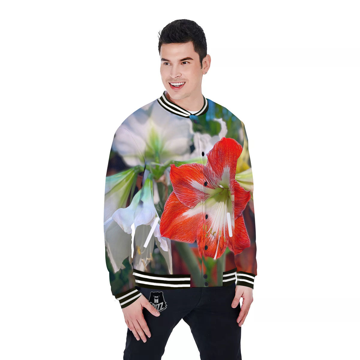 Amaryllis White And Red Print Baseball Jacket-grizzshop
