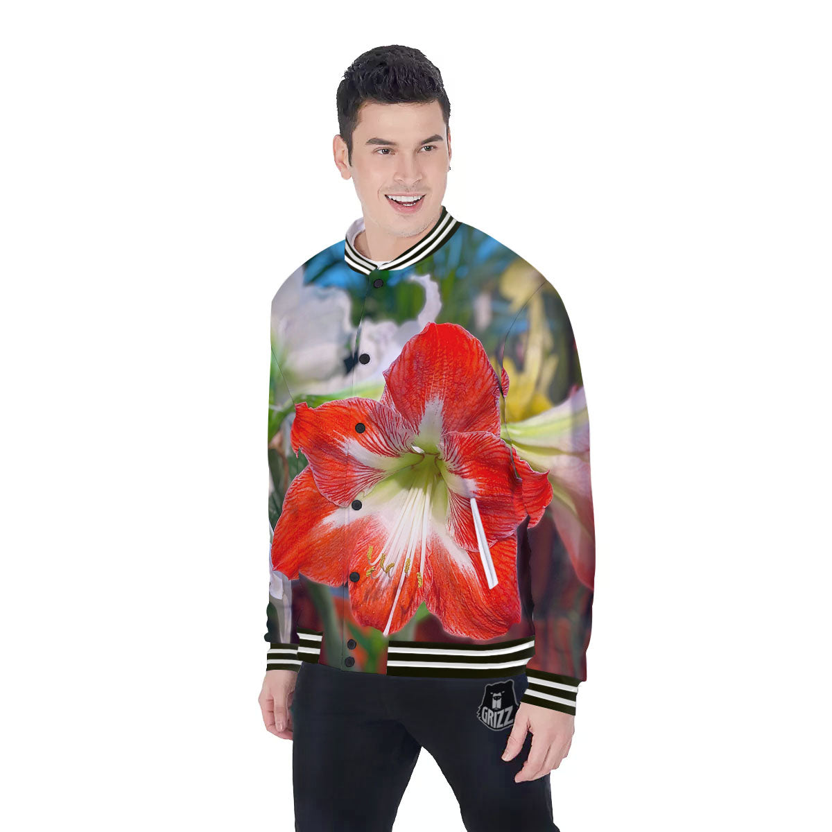 Amaryllis White And Red Print Baseball Jacket-grizzshop