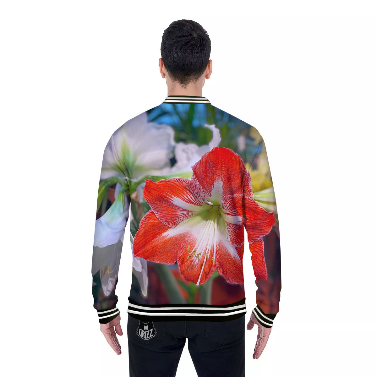 Amaryllis White And Red Print Baseball Jacket-grizzshop