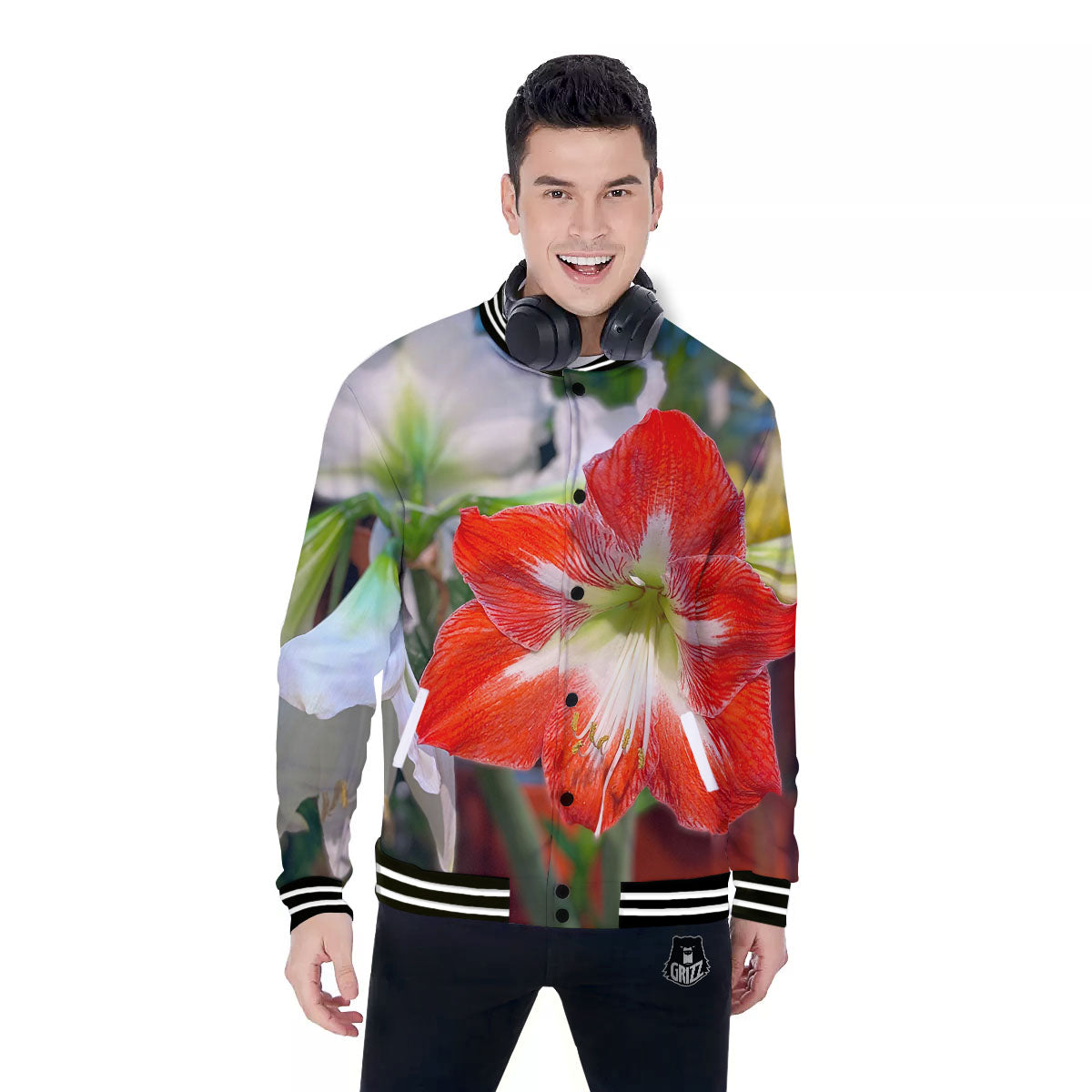Amaryllis White And Red Print Baseball Jacket-grizzshop