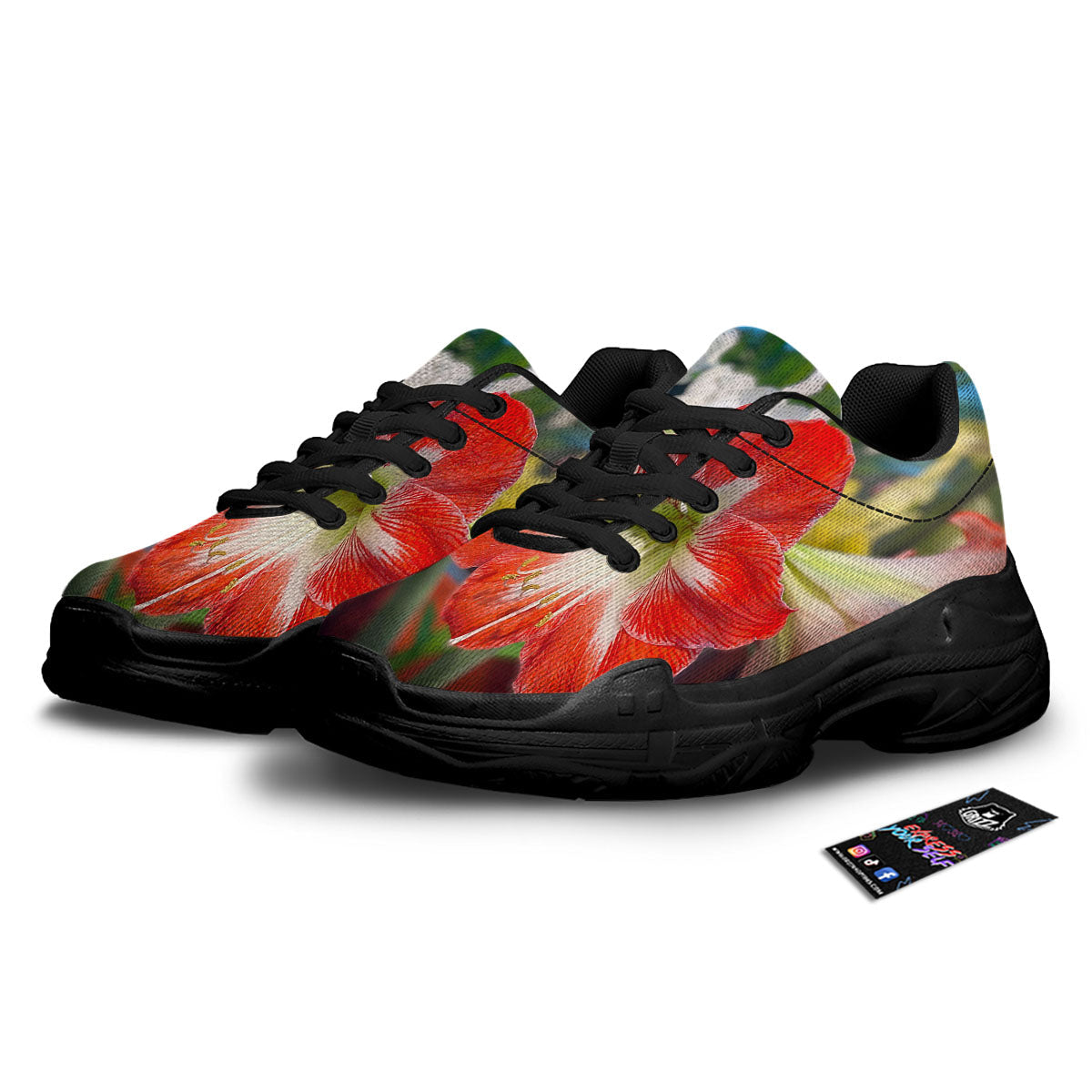 Amaryllis White And Red Print Black Chunky Shoes-grizzshop