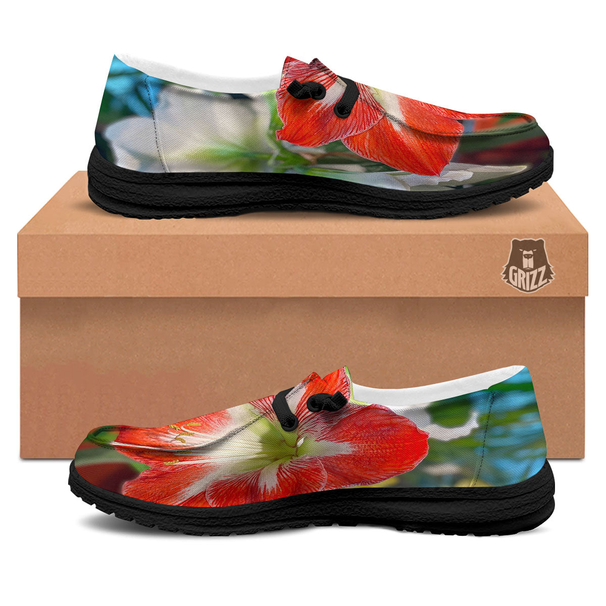 Amaryllis White And Red Print Black Loafers-grizzshop