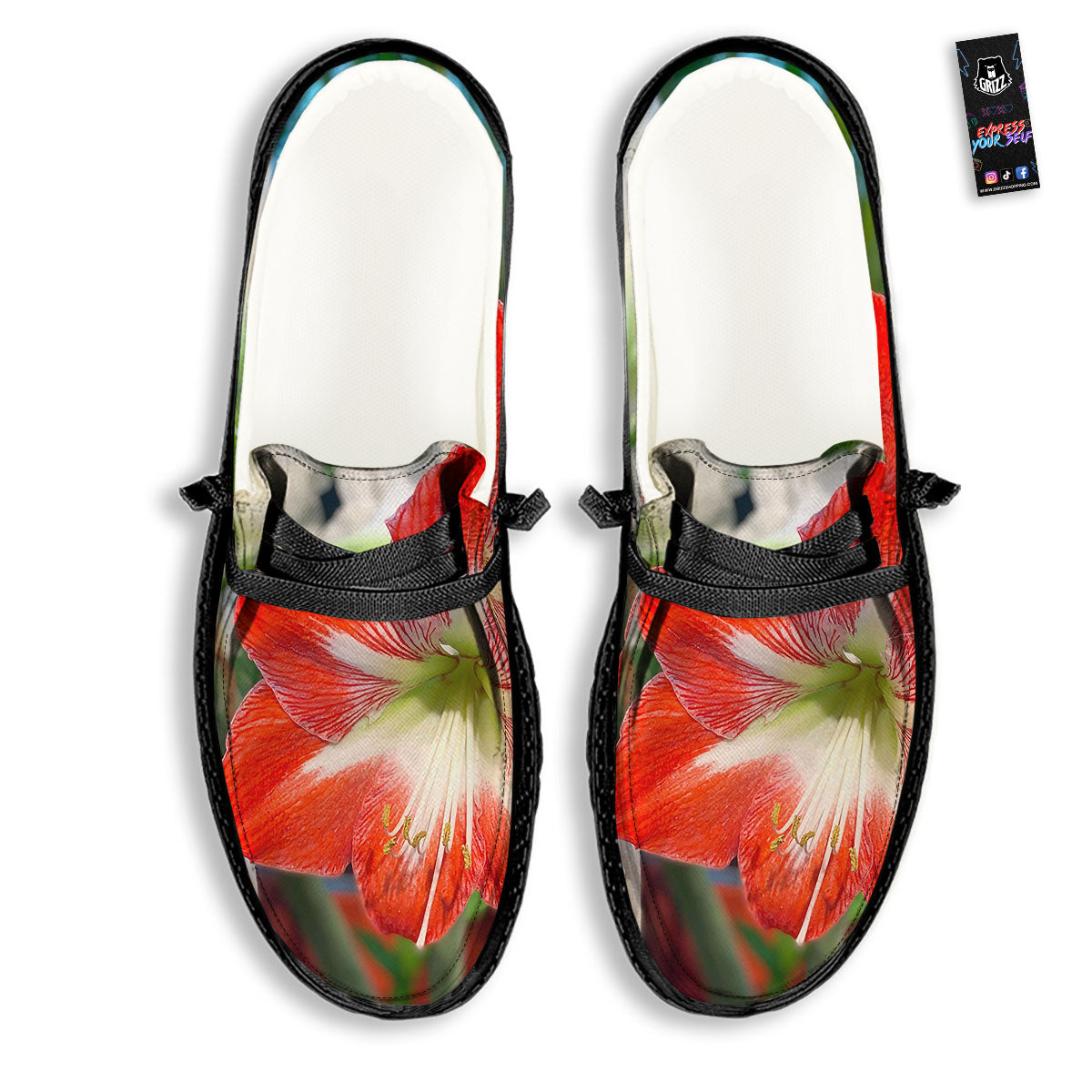 Amaryllis White And Red Print Black Loafers-grizzshop