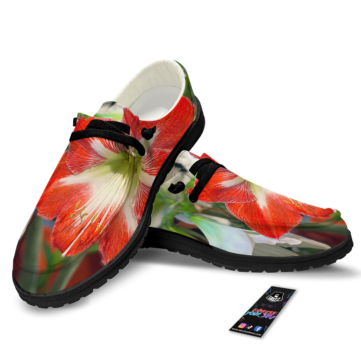 Amaryllis White And Red Print Black Loafers-grizzshop