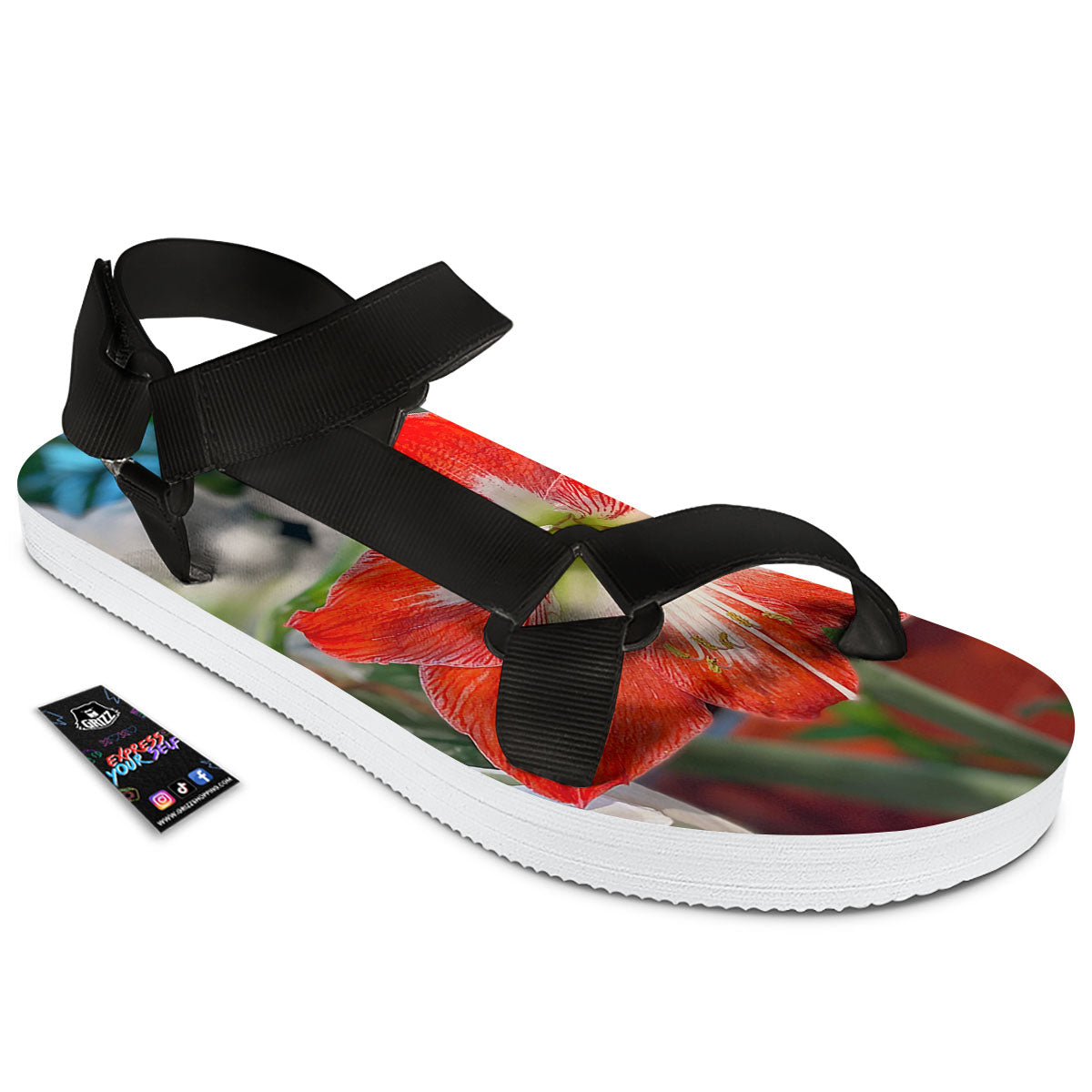 Amaryllis White And Red Print Black Open Toe Sandals-grizzshop