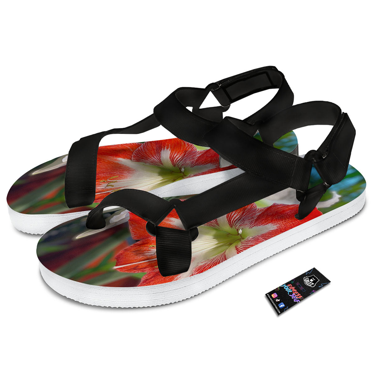 Amaryllis White And Red Print Black Open Toe Sandals-grizzshop