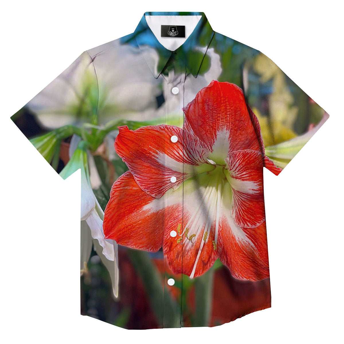Amaryllis White And Red Print Button Up Shirt-grizzshop