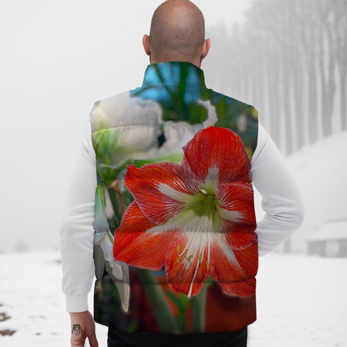Amaryllis White And Red Print Down Vest