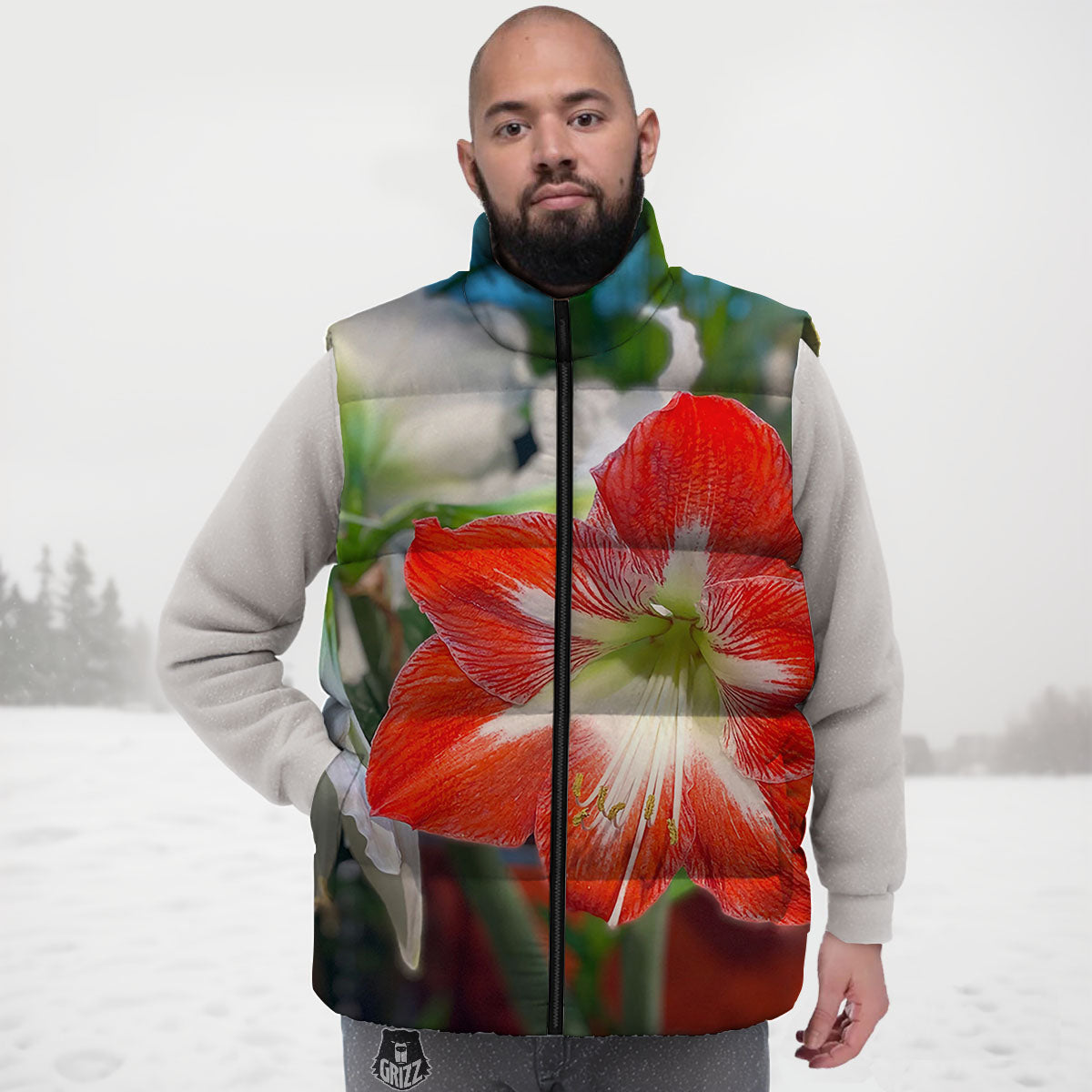 Amaryllis White And Red Print Down Vest