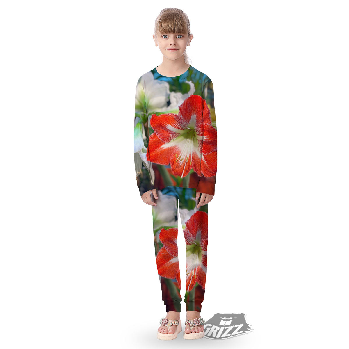 Amaryllis White And Red Print Kid's Pajamas-grizzshop
