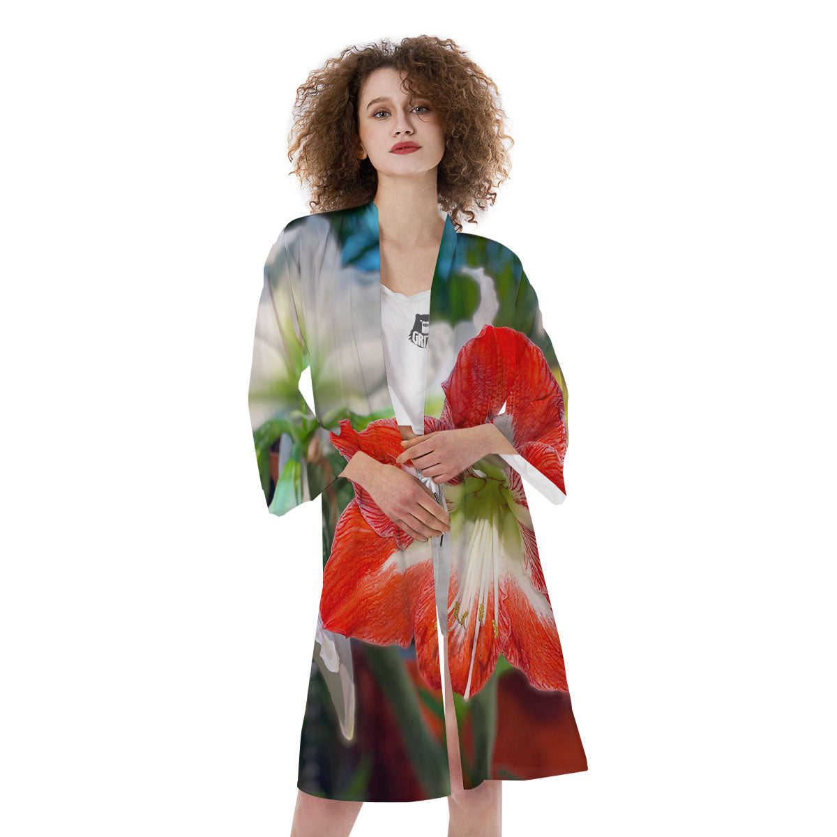 Amaryllis White And Red Print Kimono-grizzshop