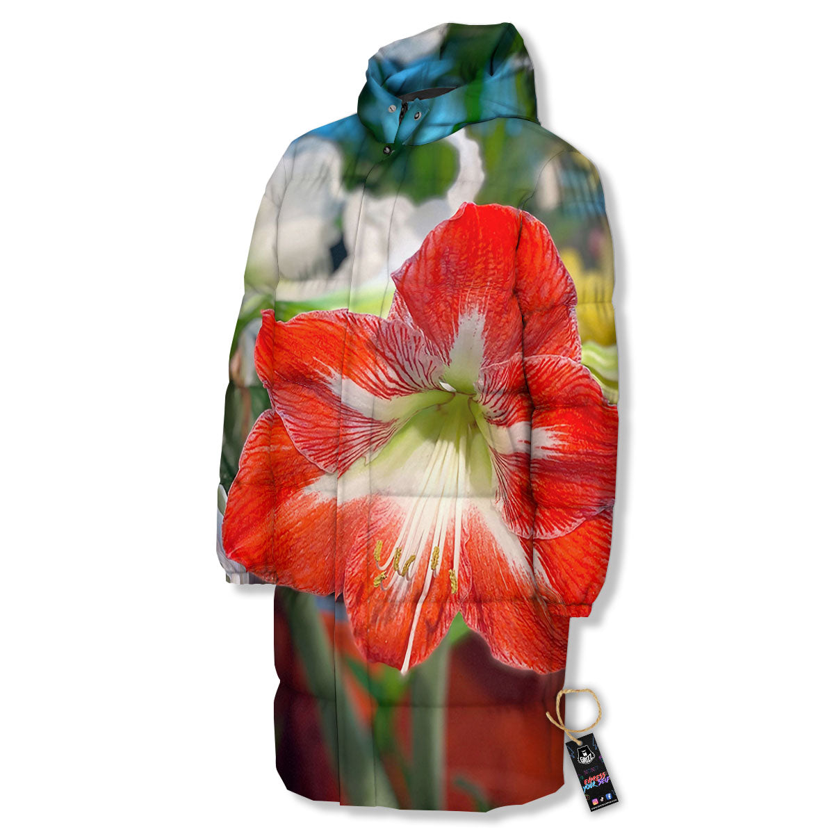 Amaryllis White And Red Print Long Down Jacket-grizzshop