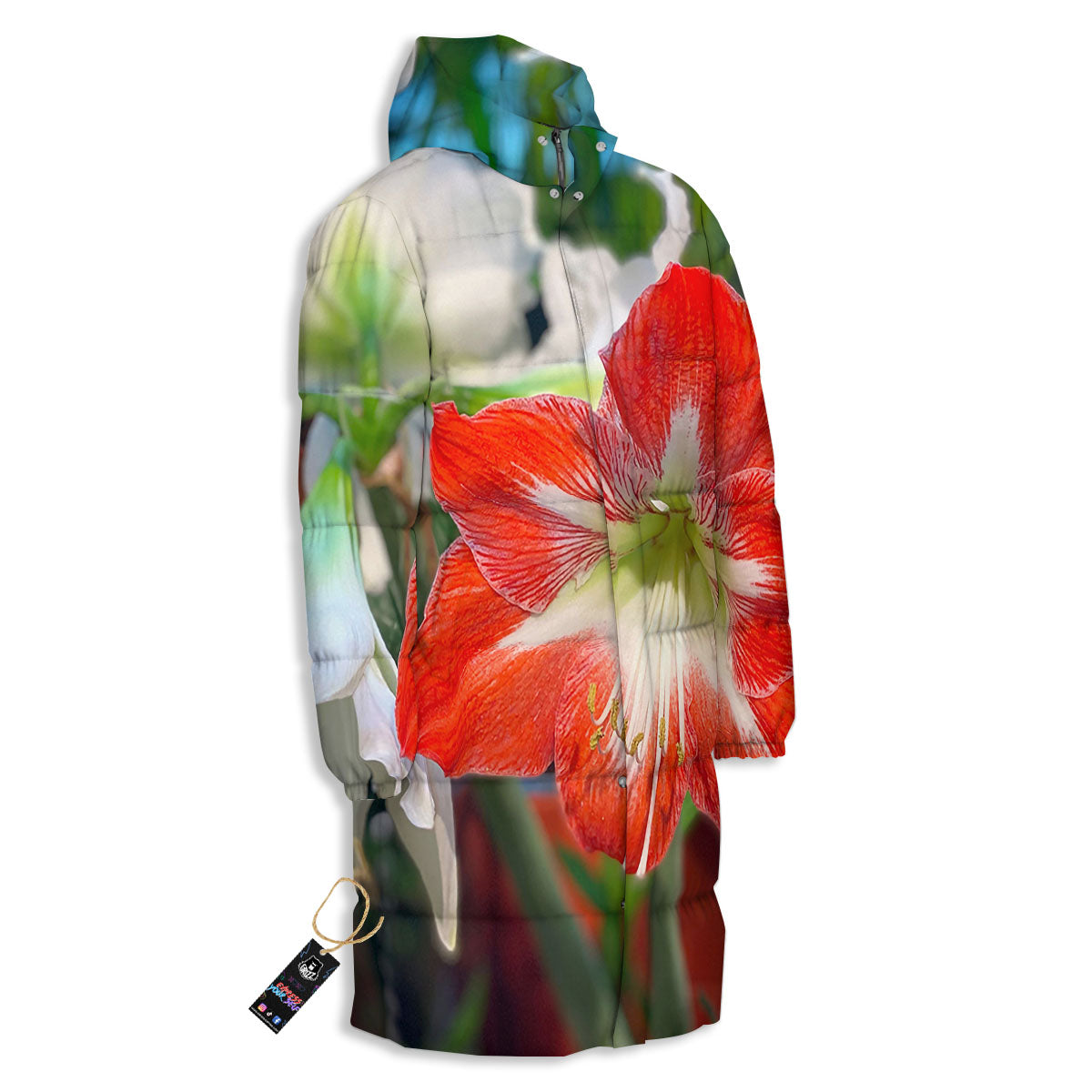 Amaryllis White And Red Print Long Down Jacket-grizzshop