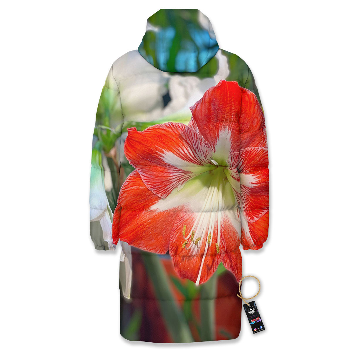 Amaryllis White And Red Print Long Down Jacket-grizzshop