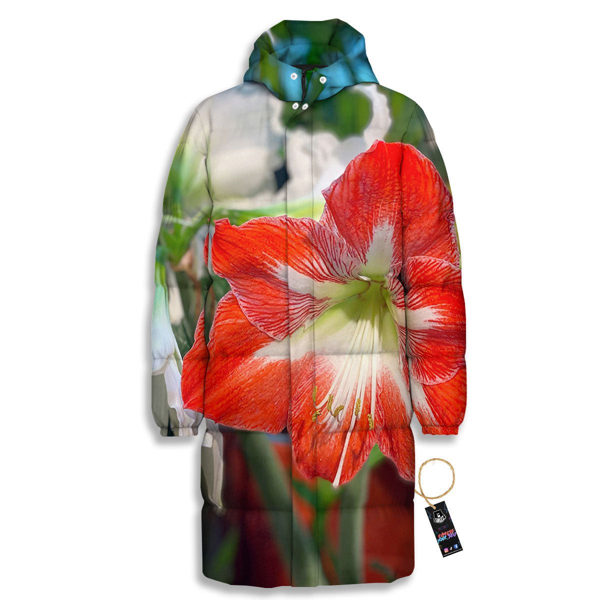 Amaryllis White And Red Print Long Down Jacket-grizzshop