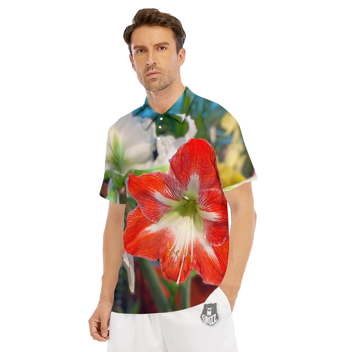 Amaryllis White And Red Print Men's Golf Shirts-grizzshop