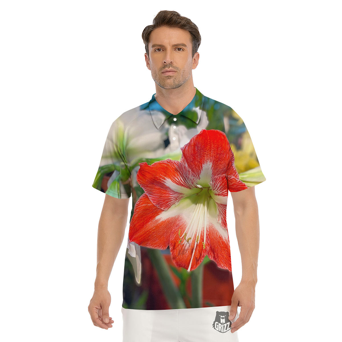 Amaryllis White And Red Print Men's Golf Shirts-grizzshop