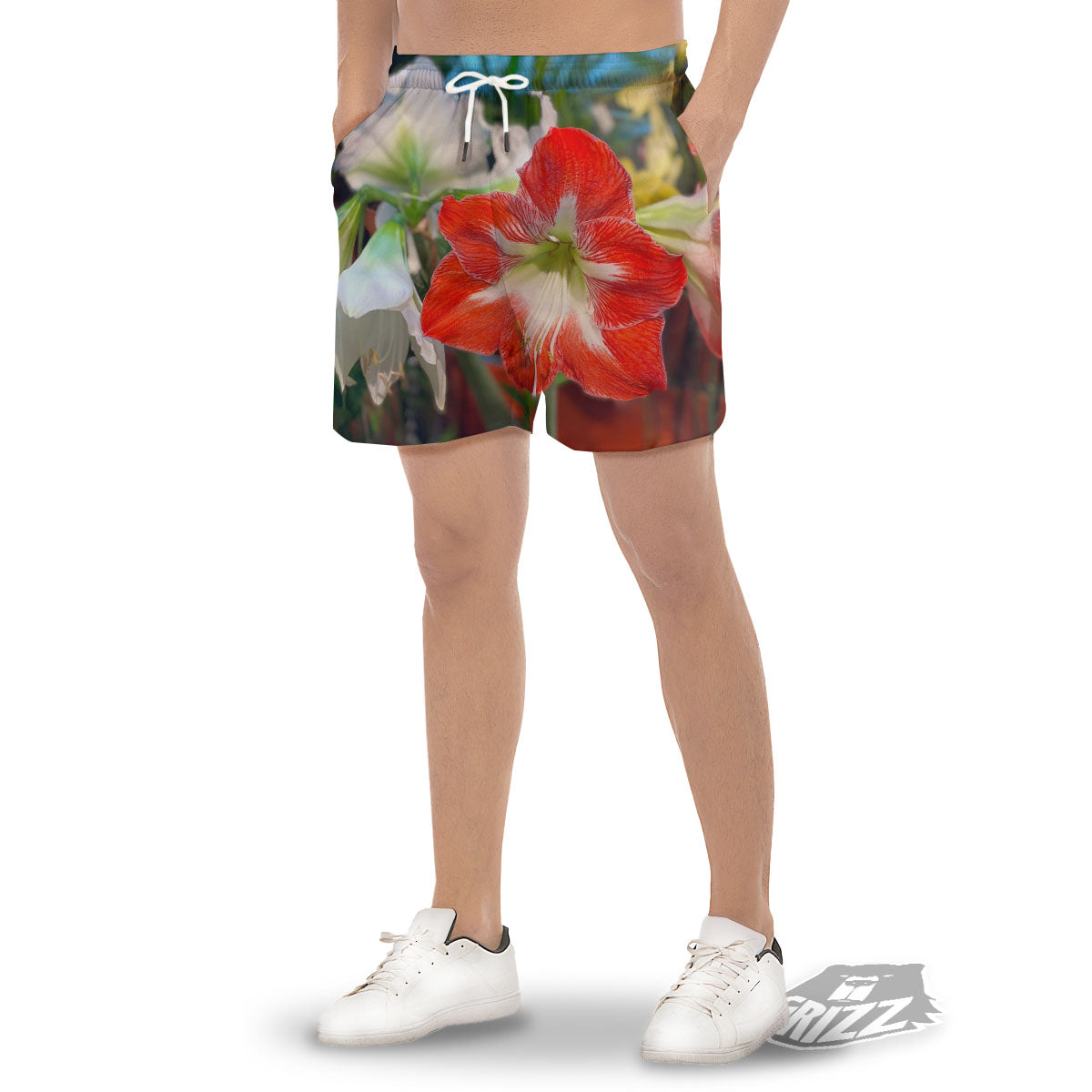 Amaryllis White And Red Print Men's Gym Shorts-grizzshop