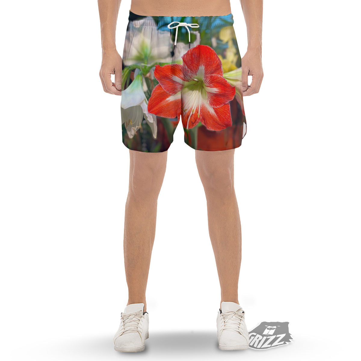 Amaryllis White And Red Print Men's Gym Shorts-grizzshop