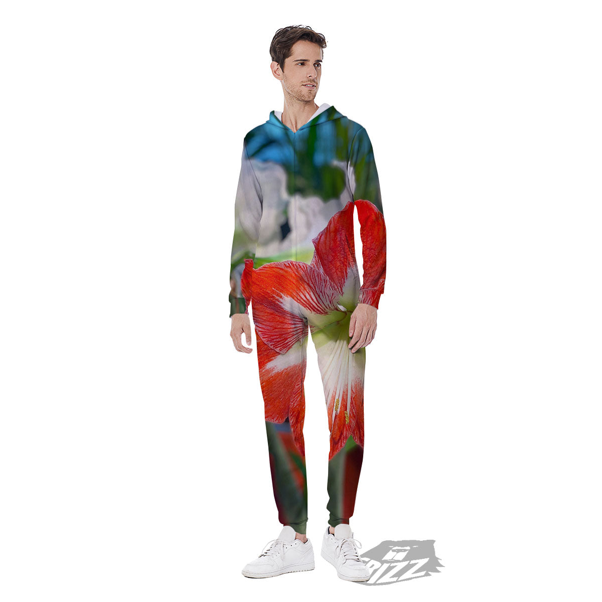 Amaryllis White And Red Print Men's Jumpsuit-grizzshop