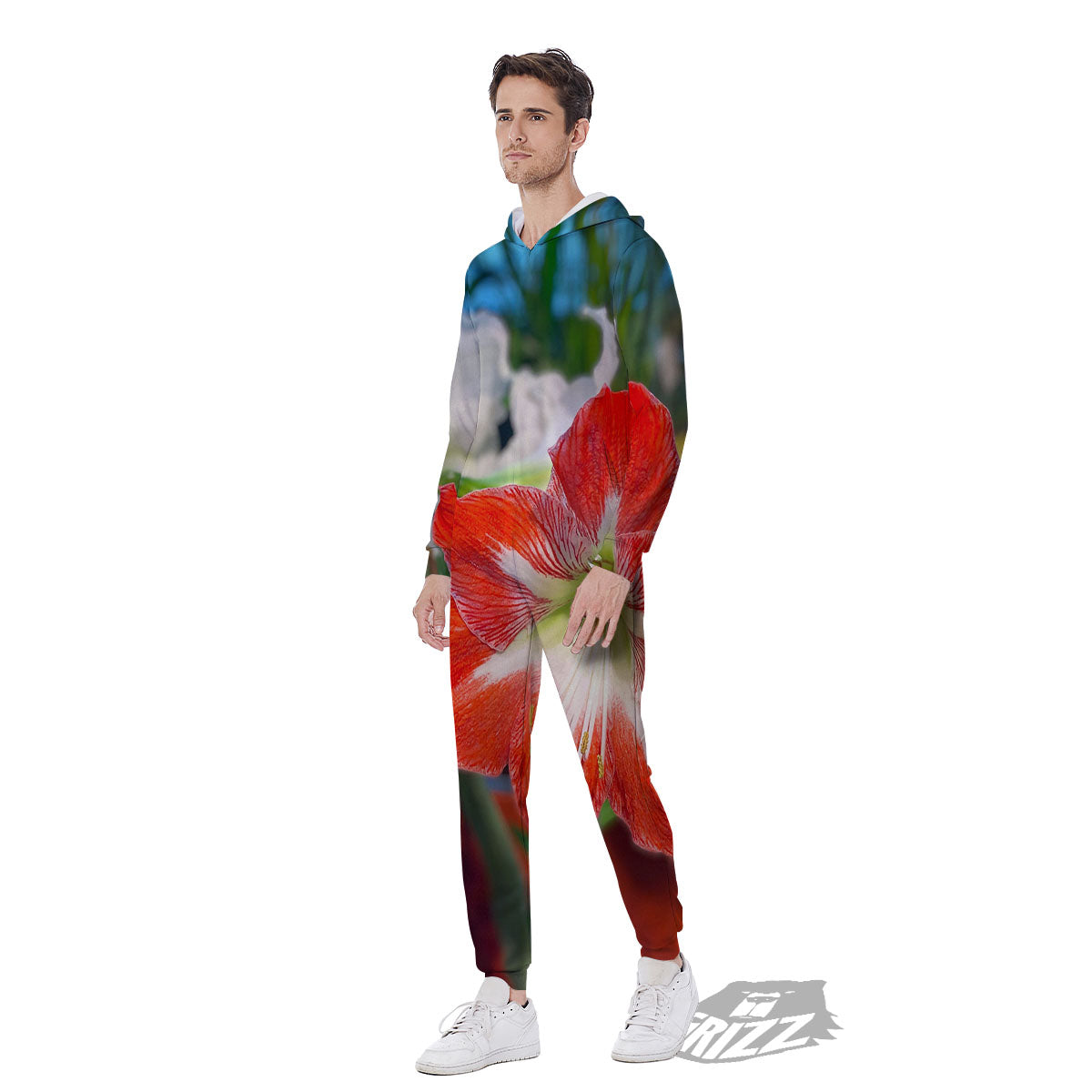 Amaryllis White And Red Print Men's Jumpsuit-grizzshop