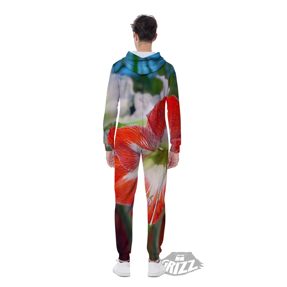 Amaryllis White And Red Print Men's Jumpsuit-grizzshop