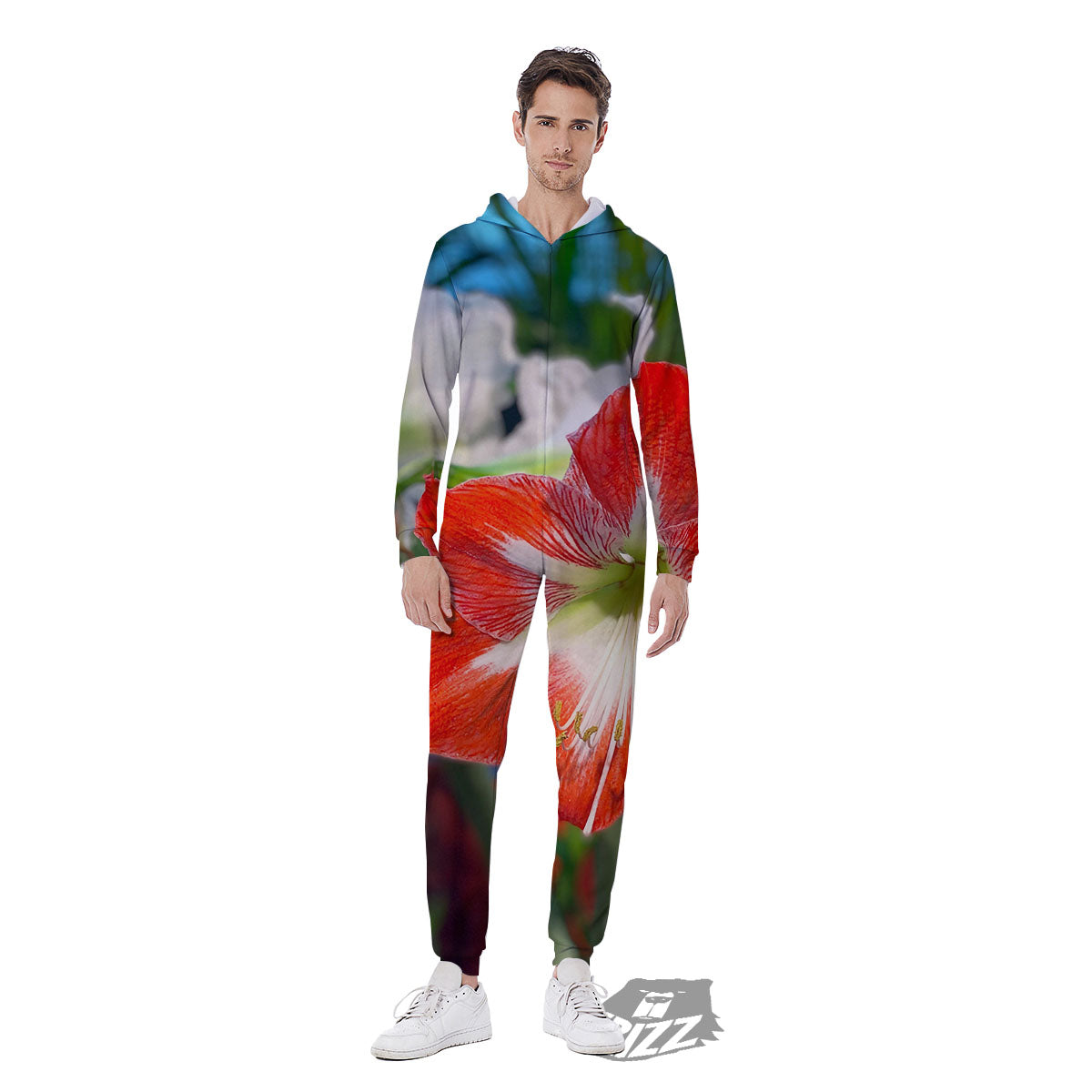 Amaryllis White And Red Print Men's Jumpsuit-grizzshop