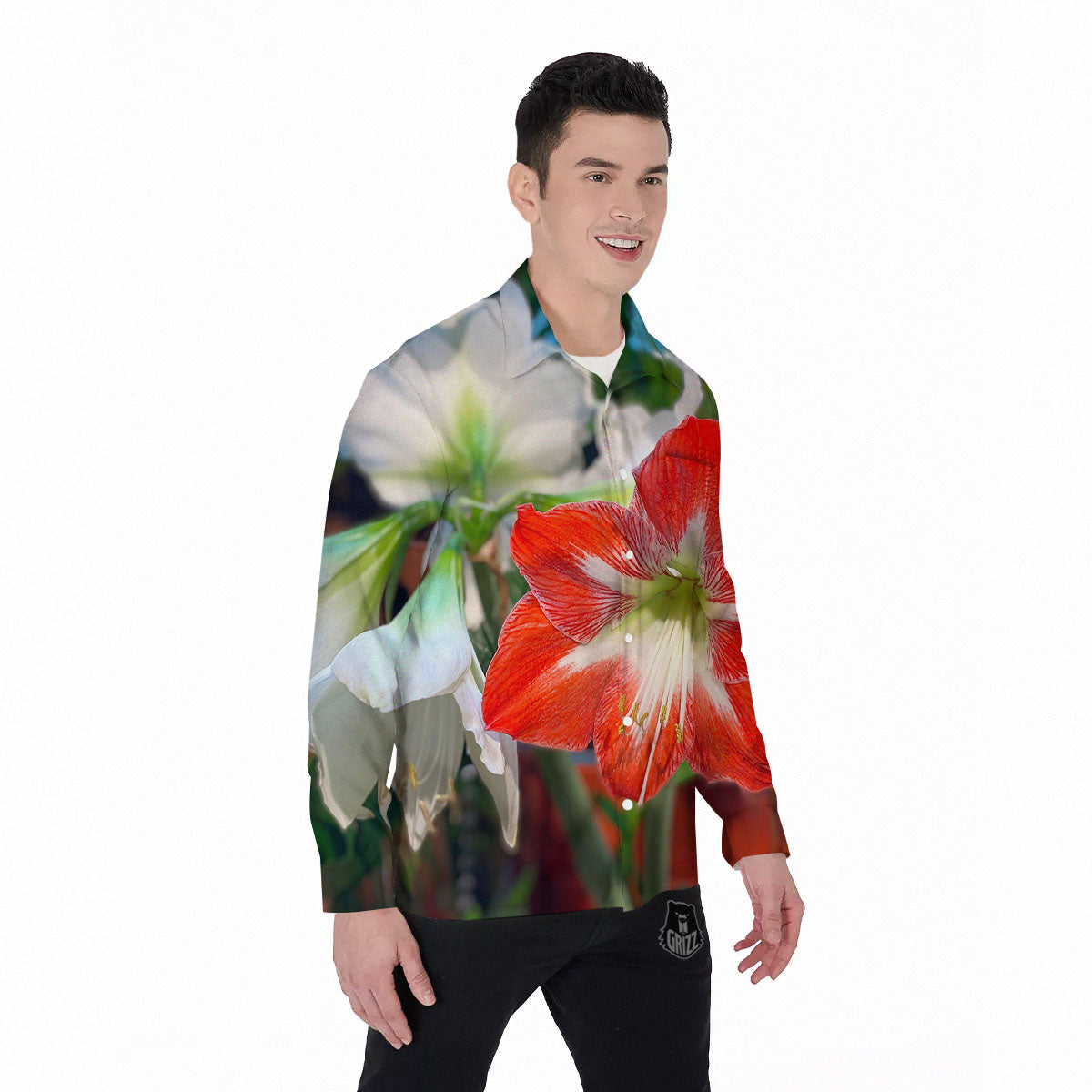 Amaryllis White And Red Print Men's Long Sleeve Shirts-grizzshop