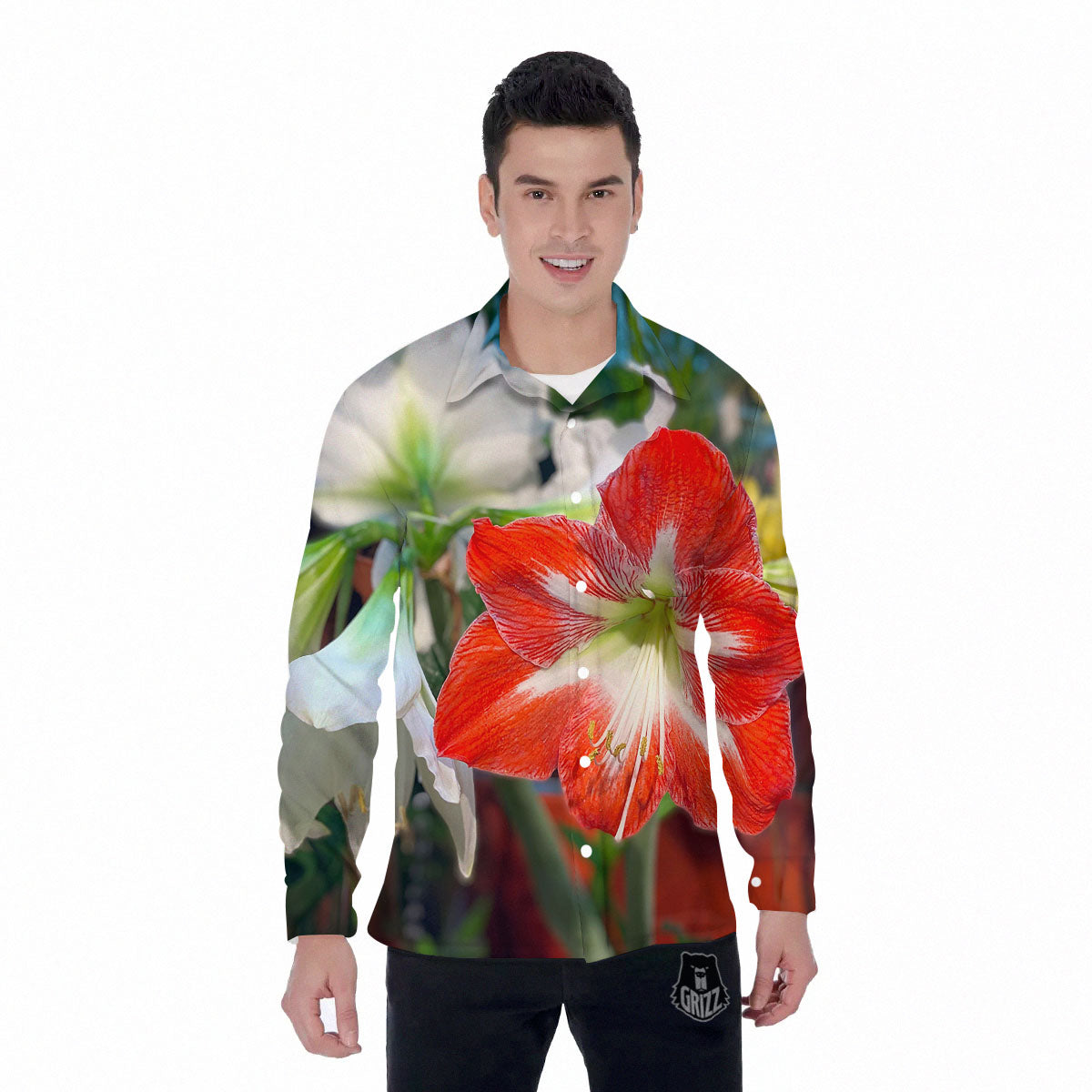 Amaryllis White And Red Print Men's Long Sleeve Shirts-grizzshop