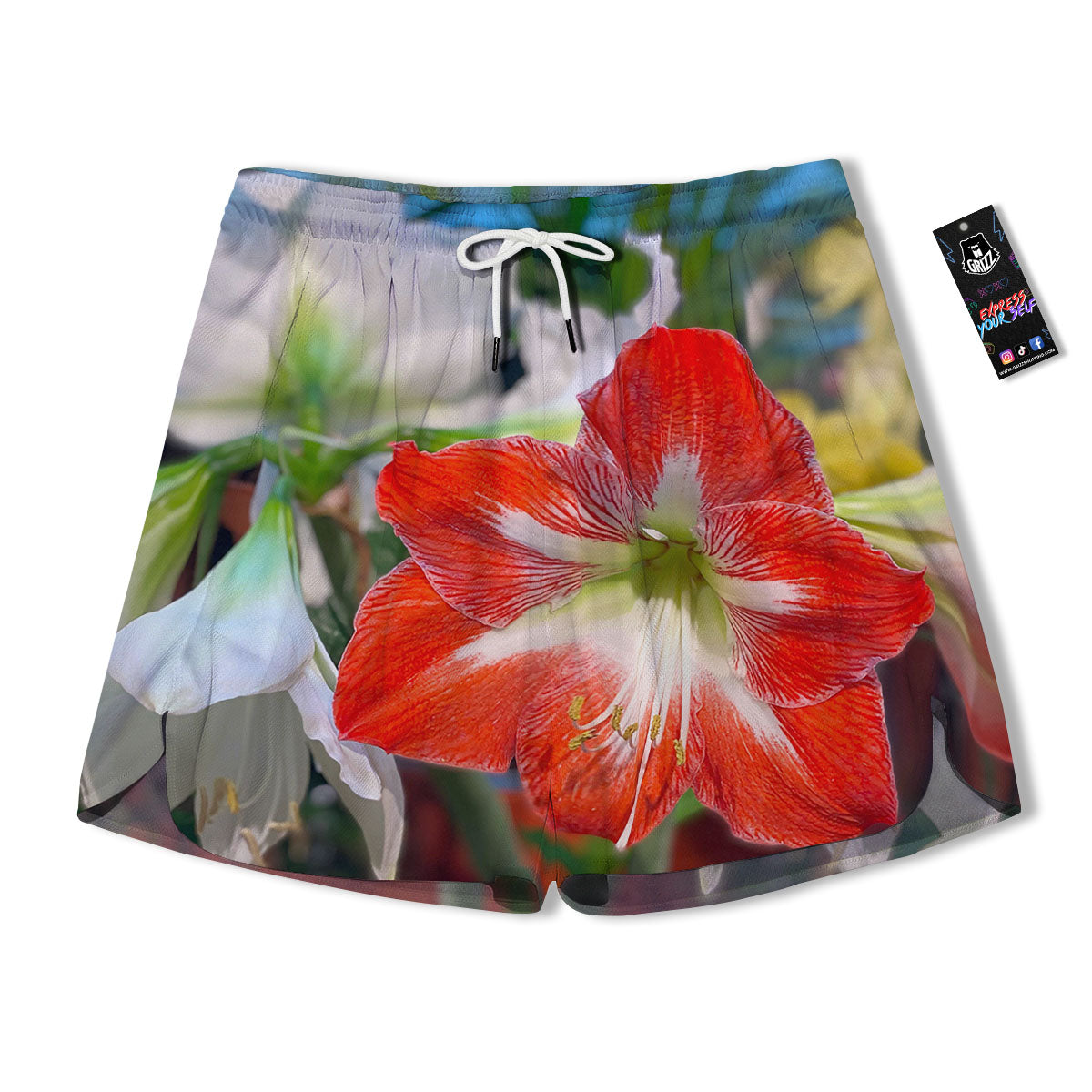 Amaryllis White And Red Print Men's Running Shorts-grizzshop