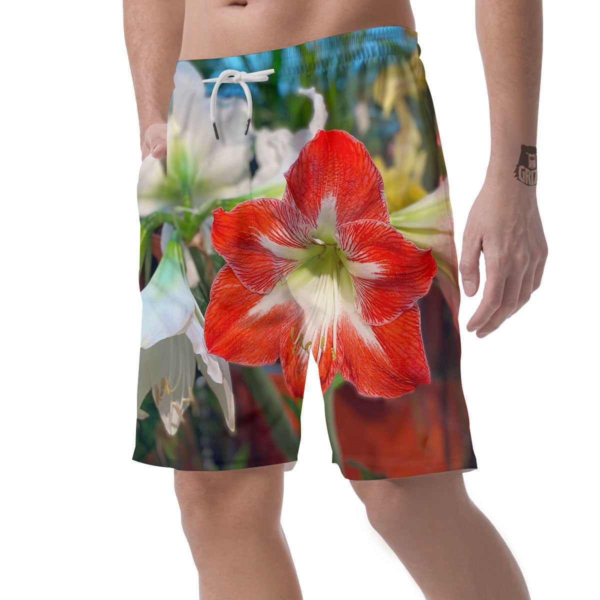 Amaryllis White And Red Print Men's Shorts-grizzshop