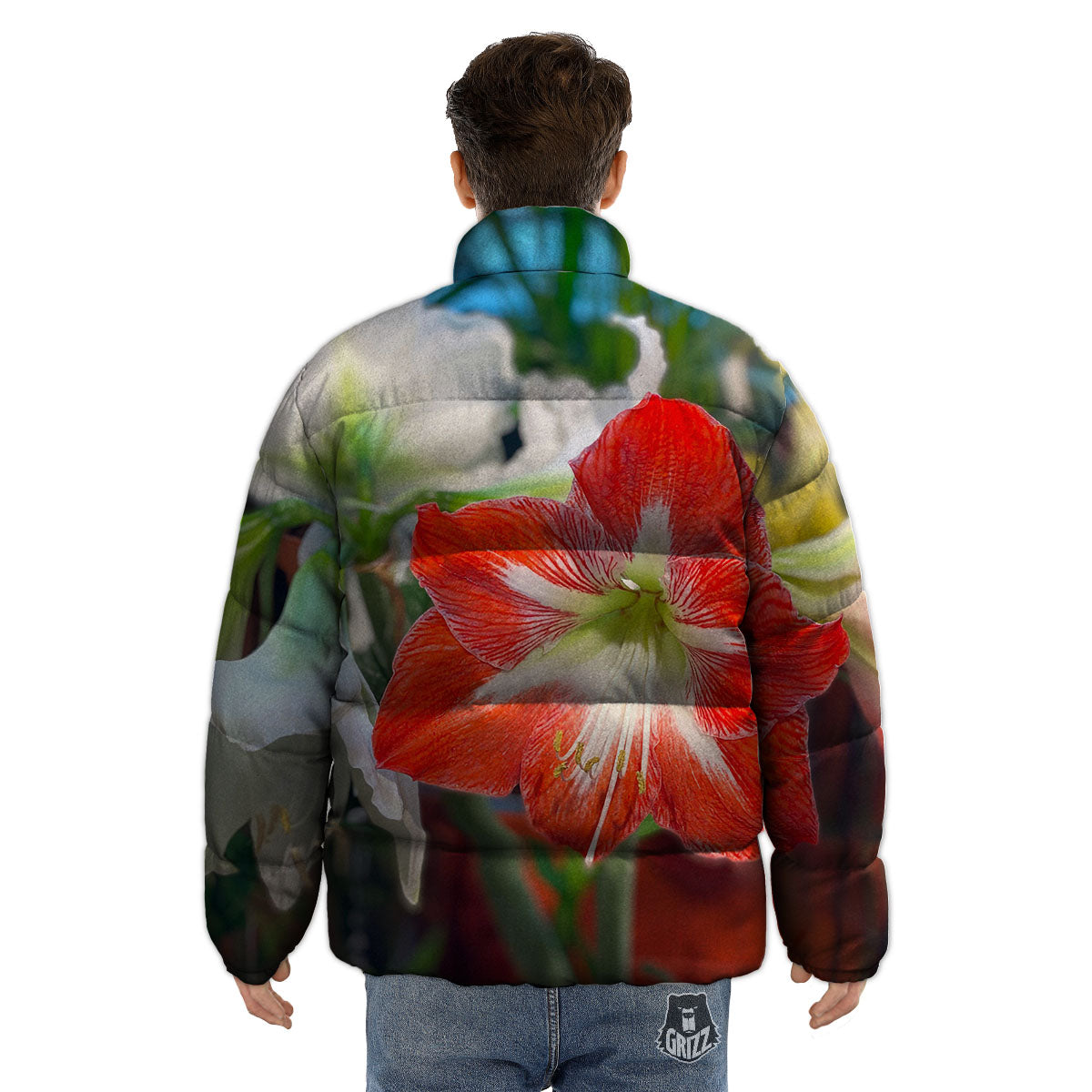 Amaryllis White And Red Print Puffer Jacket-grizzshop