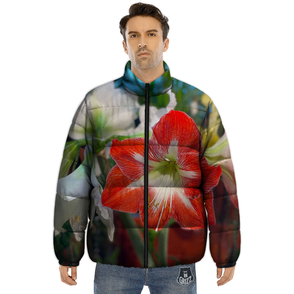 Amaryllis White And Red Print Puffer Jacket-grizzshop