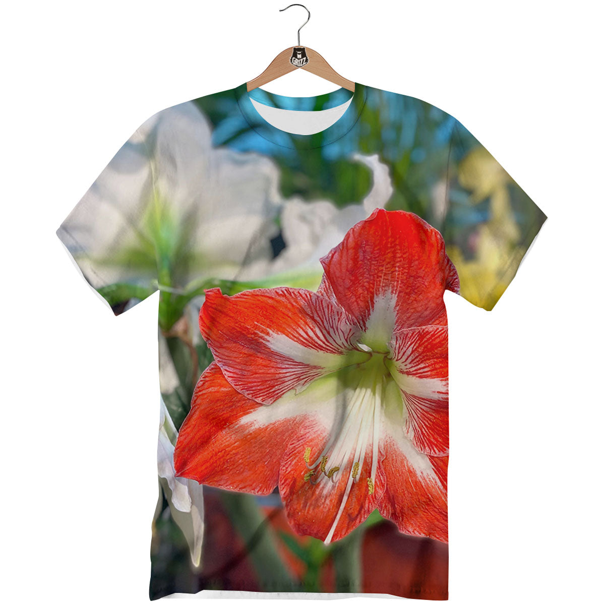 Amaryllis White And Red Print T-Shirt-grizzshop