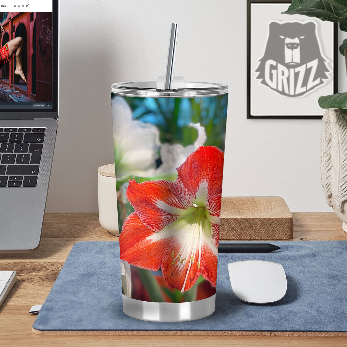 Amaryllis White And Red Print Tumbler-grizzshop