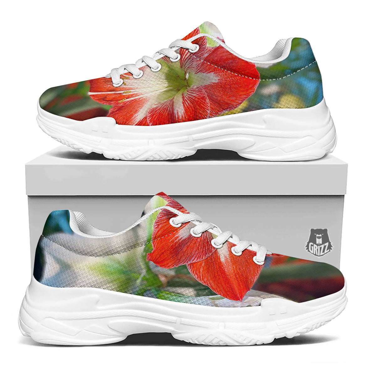 Amaryllis White And Red Print White Chunky Shoes-grizzshop