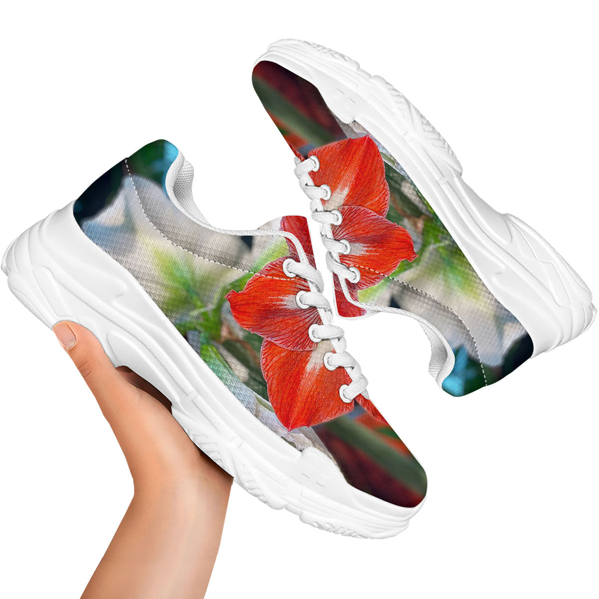 Amaryllis White And Red Print White Chunky Shoes-grizzshop
