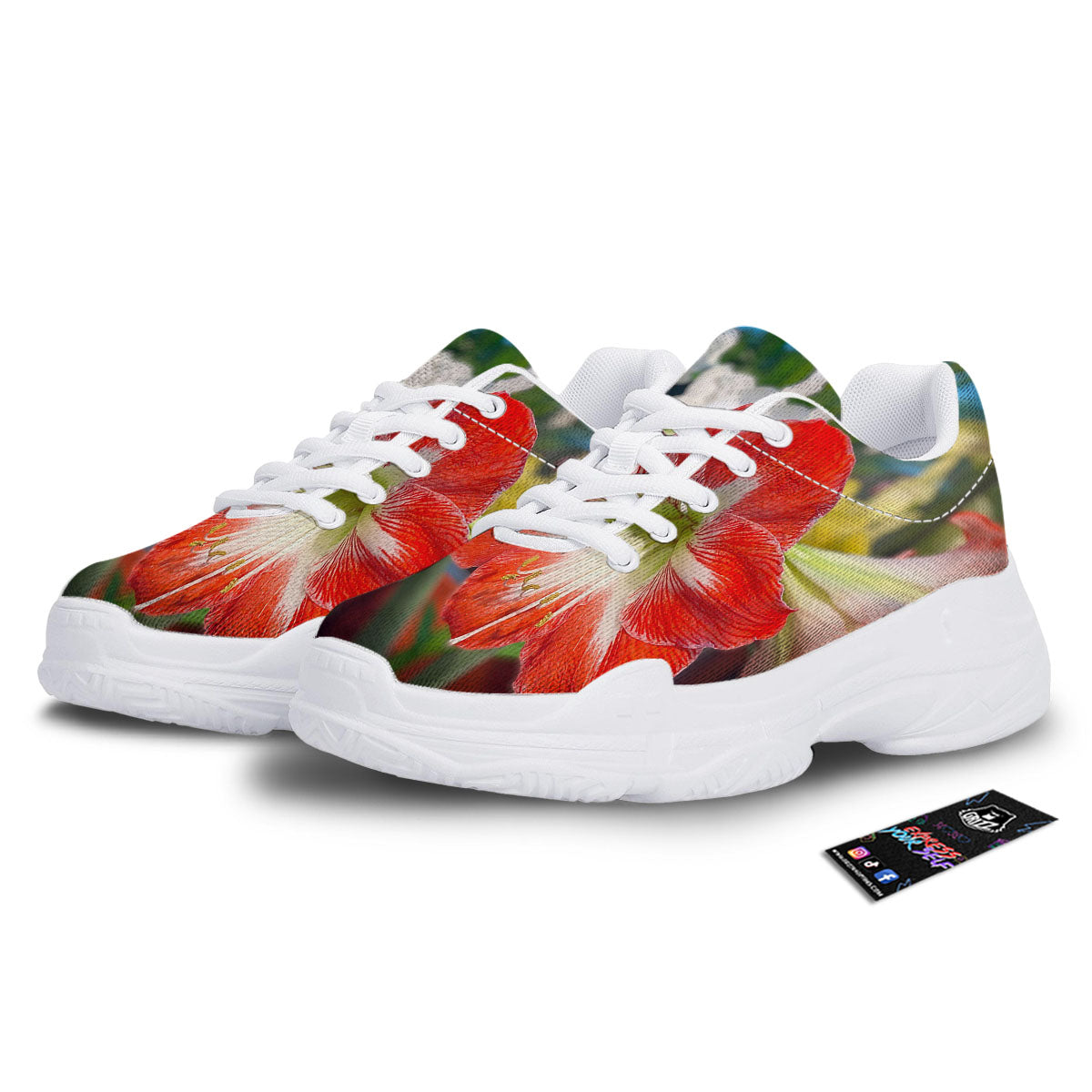 Amaryllis White And Red Print White Chunky Shoes-grizzshop