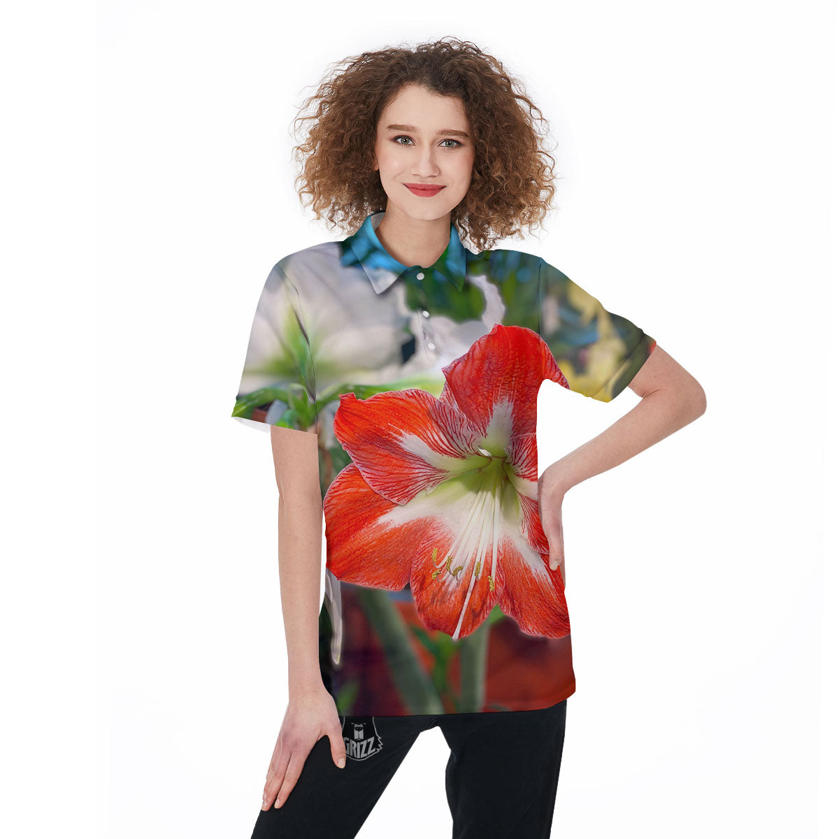 Amaryllis White And Red Print Women's Golf Shirts-grizzshop