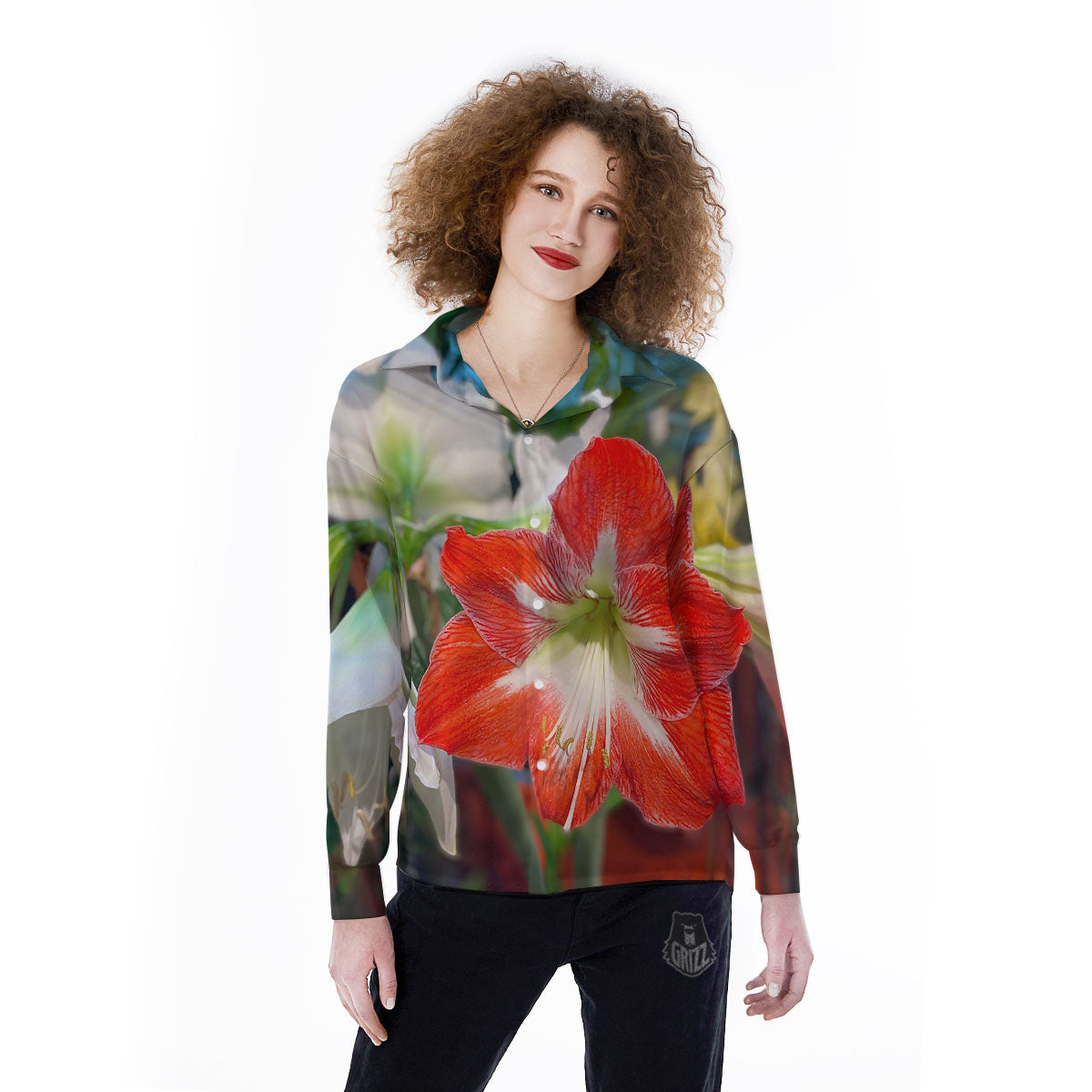 Amaryllis White And Red Print Women's Long Sleeve Shirts-grizzshop