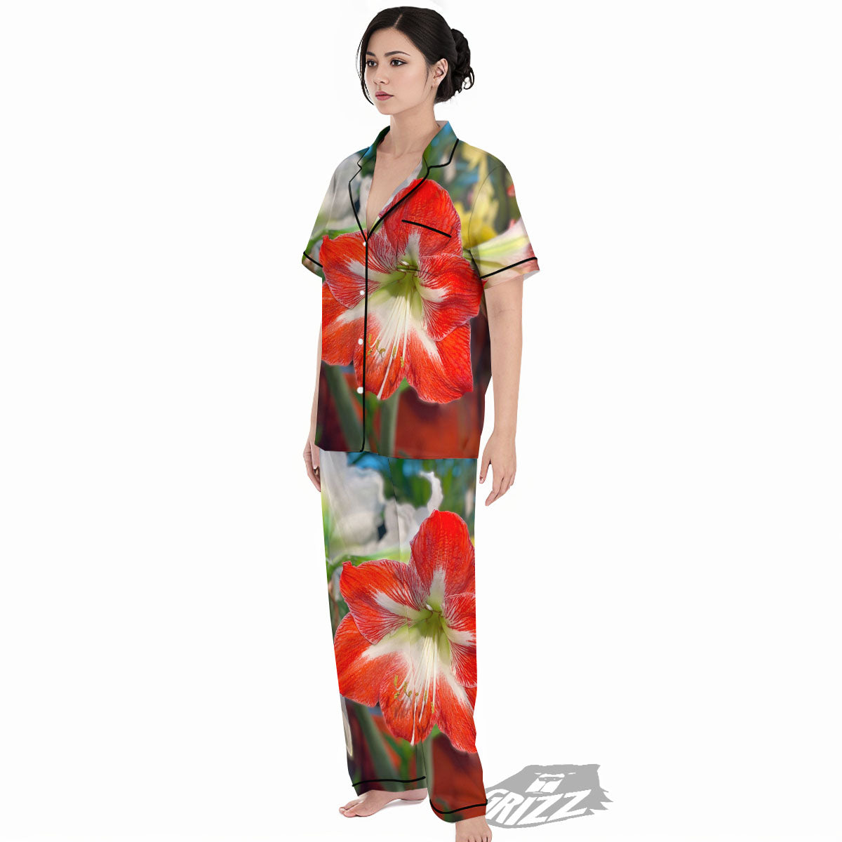 Amaryllis White And Red Print Women's Pajamas Set-grizzshop