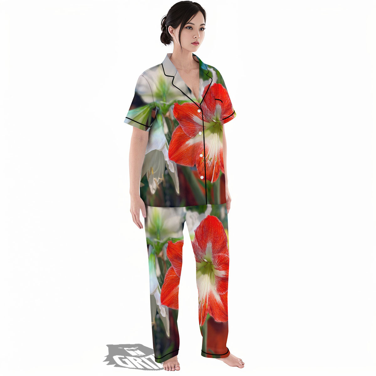 Amaryllis White And Red Print Women's Pajamas Set-grizzshop