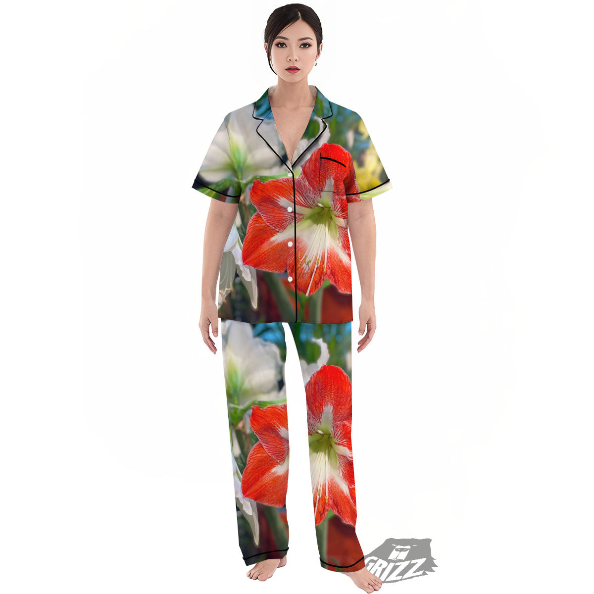 Amaryllis White And Red Print Women's Pajamas Set-grizzshop
