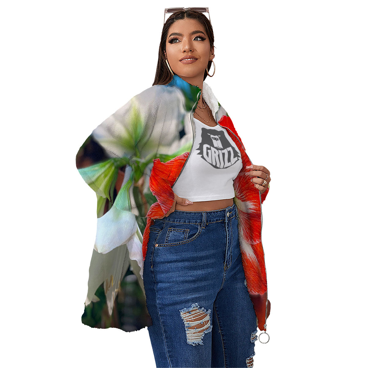 Amaryllis White And Red Print Women's Sherpa Jacket-grizzshop